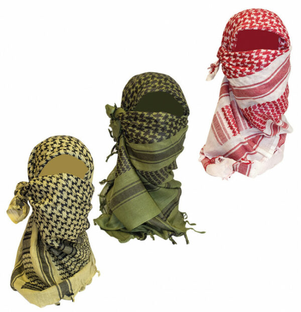 shemagh wrapped around the head showing various colours available