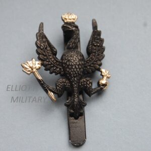 badge with black eagle wearing a gold crown holding a ball and septar