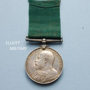 medal showing the side profile of King Edward the seventh with green ribbon