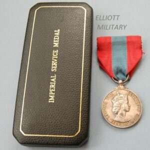 medal with Queen Elizabeth 11 side profile on red ribbon with central blue stripe