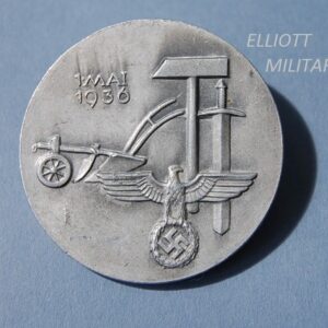 badge with eagle and swastika, sword, hammer and plough with date 1 May 1936