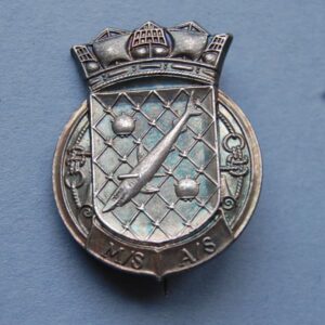 small silver badge with shark in net with sea mines and letters M/S A/S below a naval crown