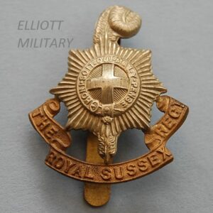 badge with star and feather with scroll reading The Royal Sussex Reg